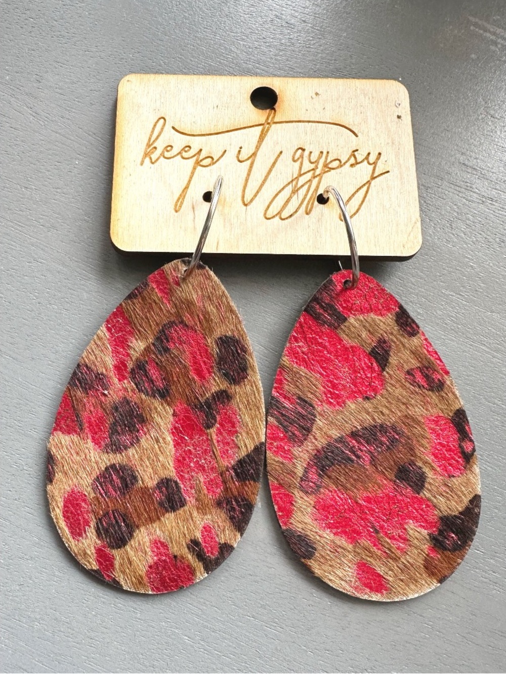 Keep it Gypsy Metallic Red Leopard Print Hair on Hide Leather Teardrop Shaped